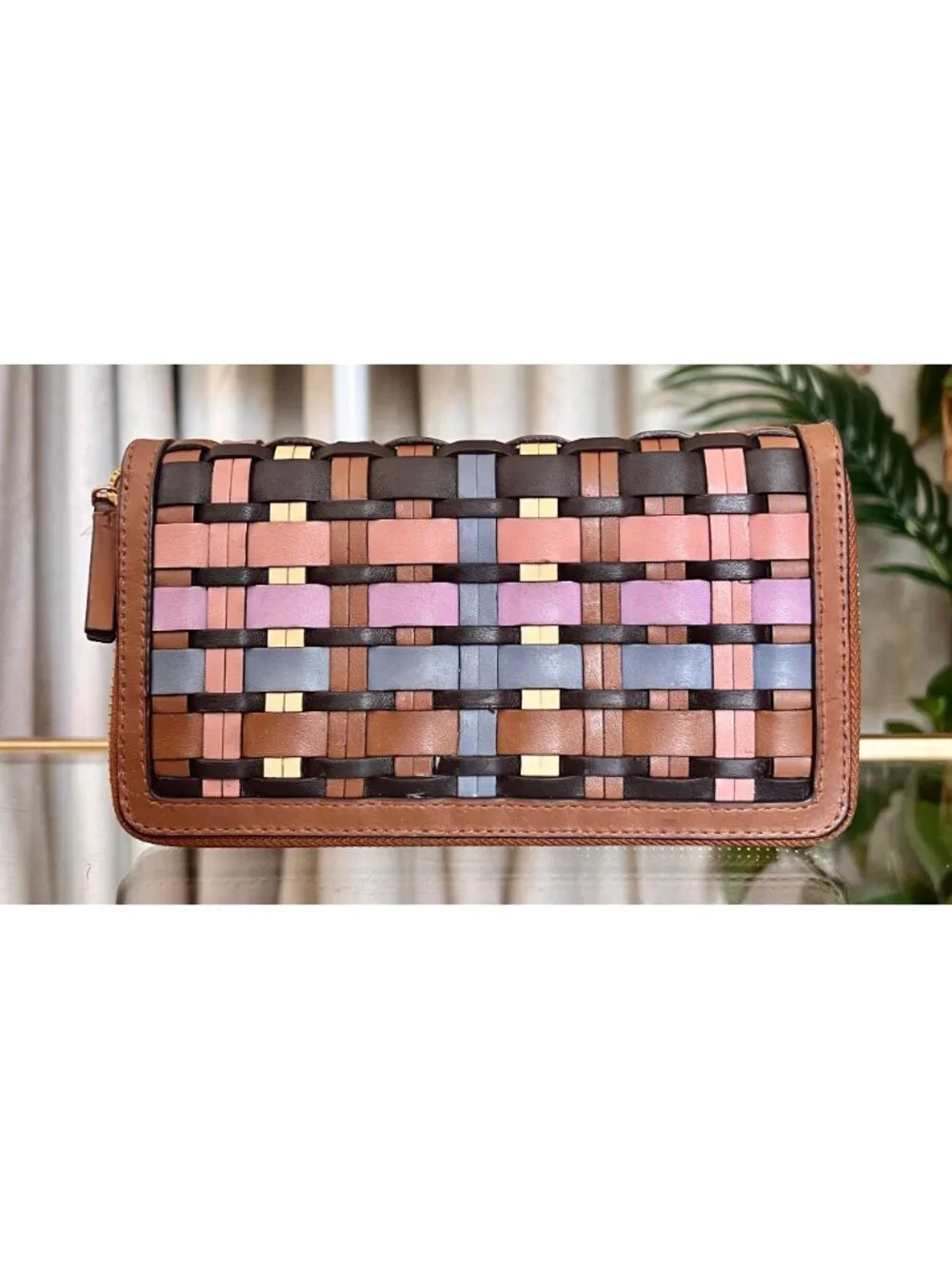Tory Burch Womens Woven Leather Zip Wallet Multicolor Compact Design Brown Pink